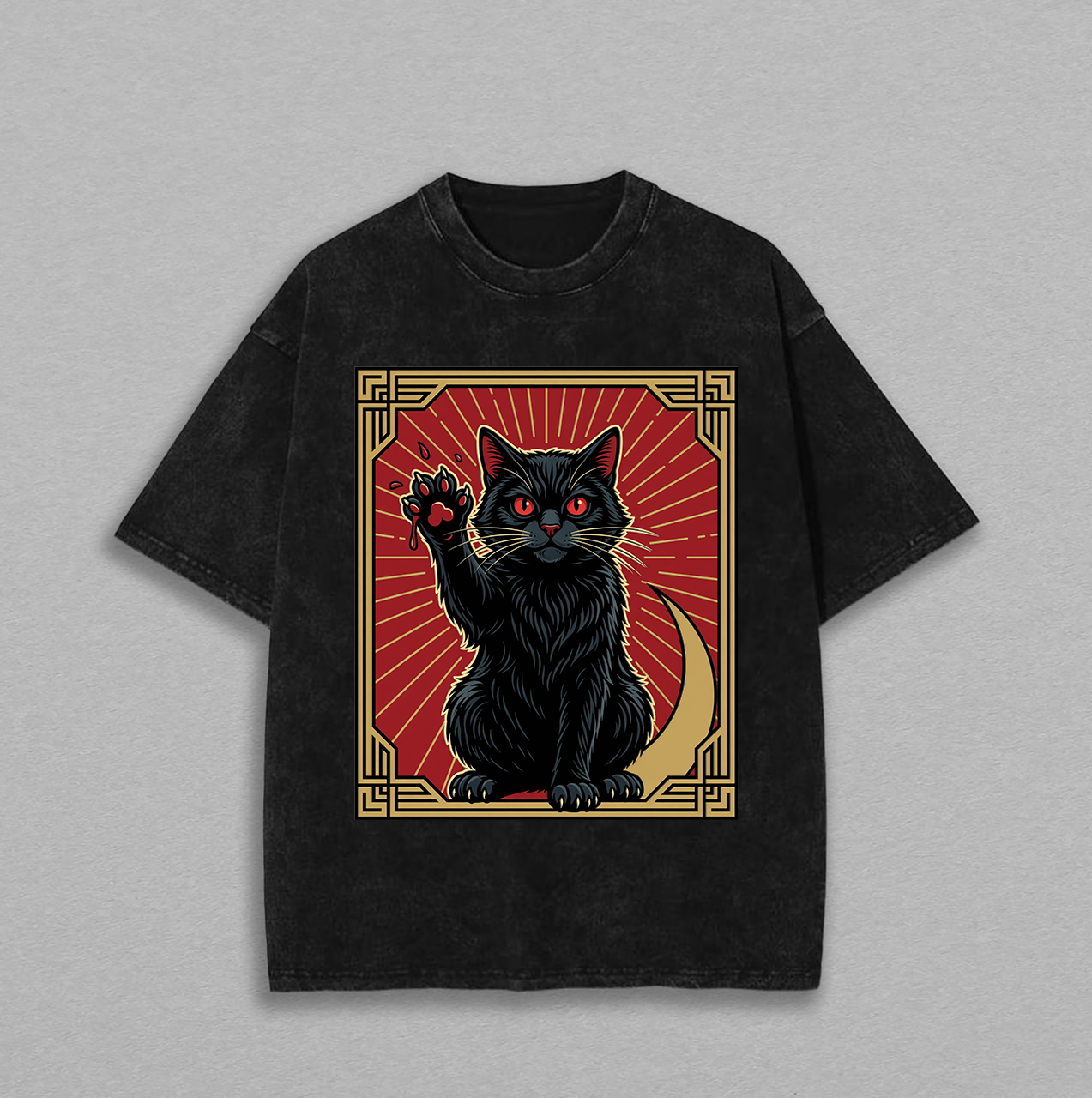 Lucky Black Cat Maneki Neko Retro Japanese Graphic Washed T Shirt