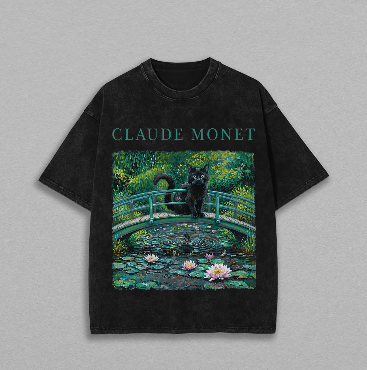 Claude Monet Water Lilies Black Cat Impressionist Washed T Shirt