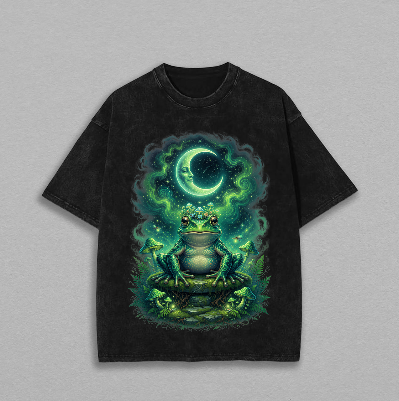 Psychedelic Frog Glow Mushroom Celestial Moon Graphic Washed T Shirt