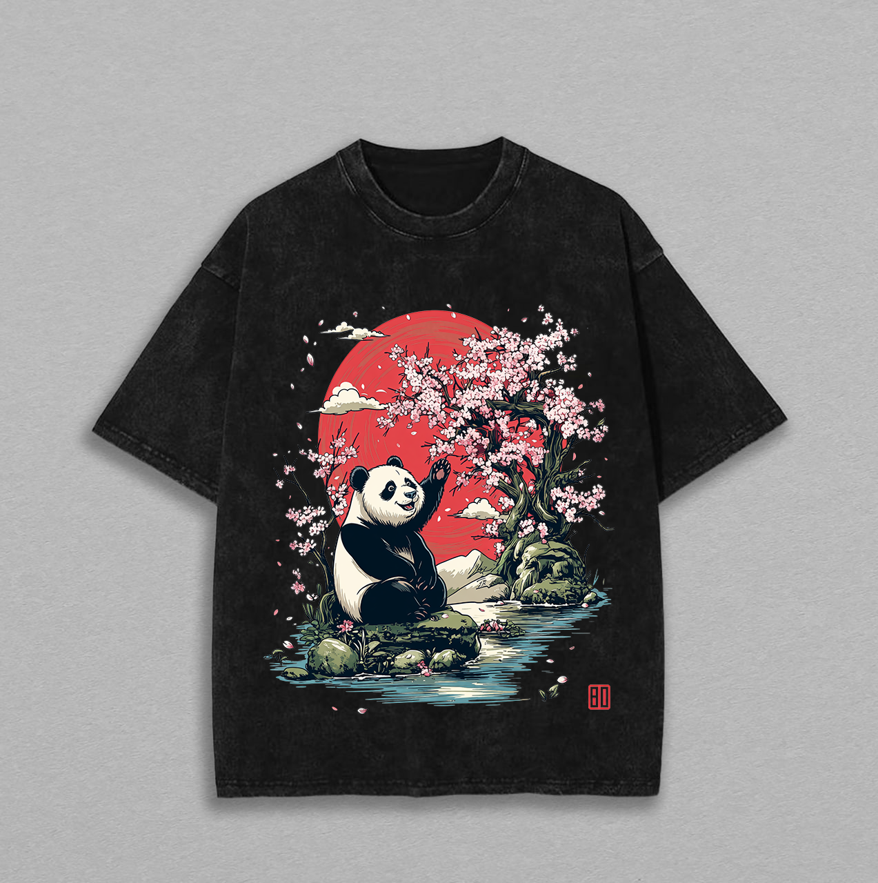 Cute Panda Cherry Blossom Japan Rising Sun Graphic Washed T Shirt