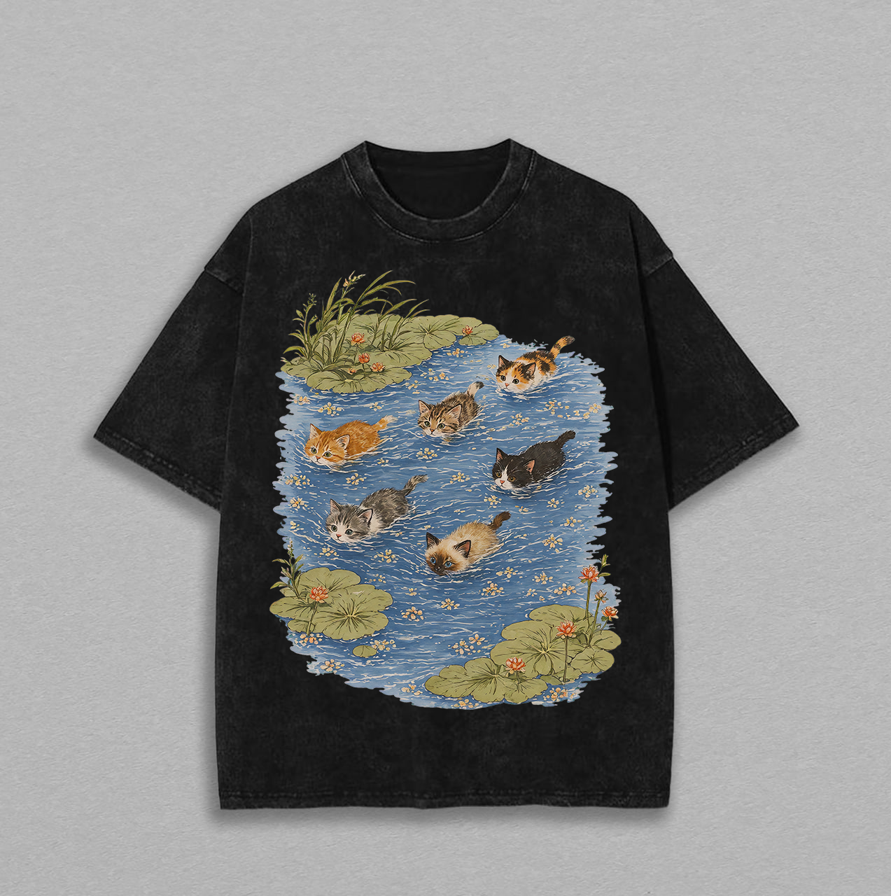 Cute Swimming Cats In Pond Lily Pad Whimsical Washed T Shirt